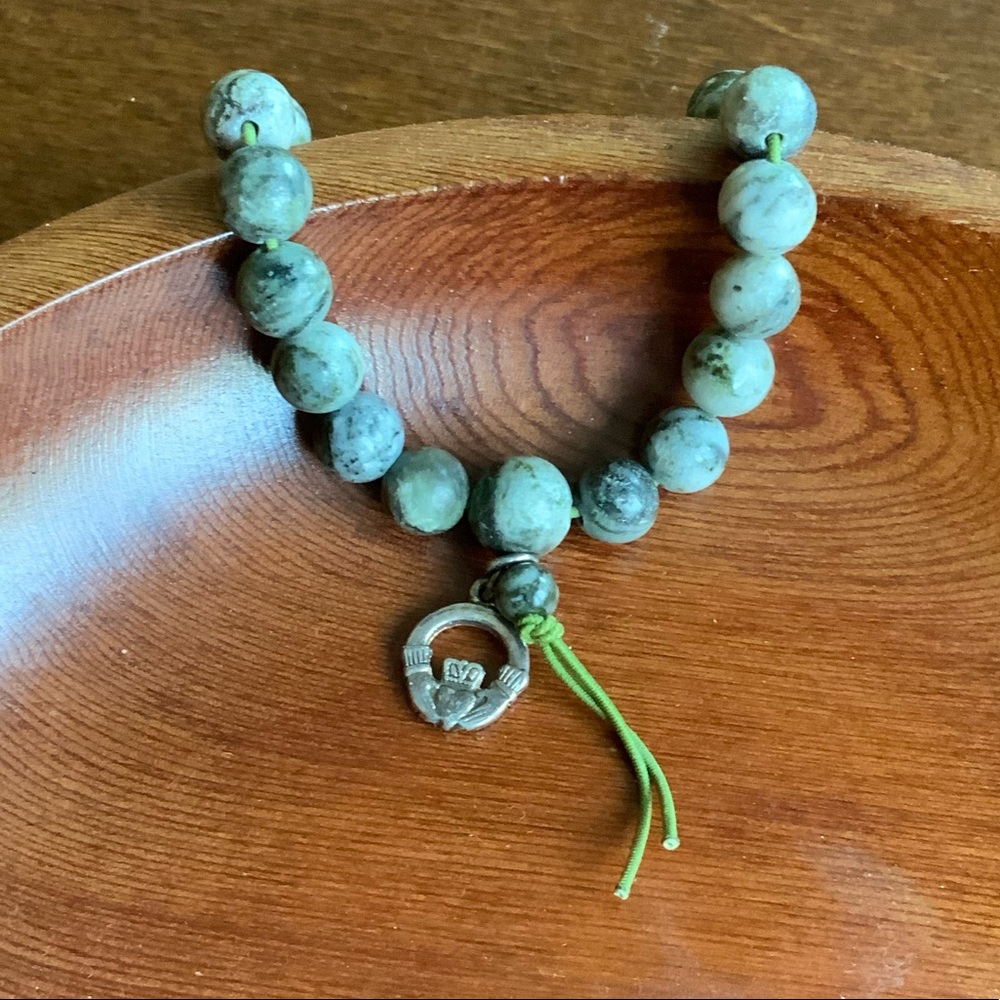 Claddagh Charm and Granite Bead Stretch Bracelet